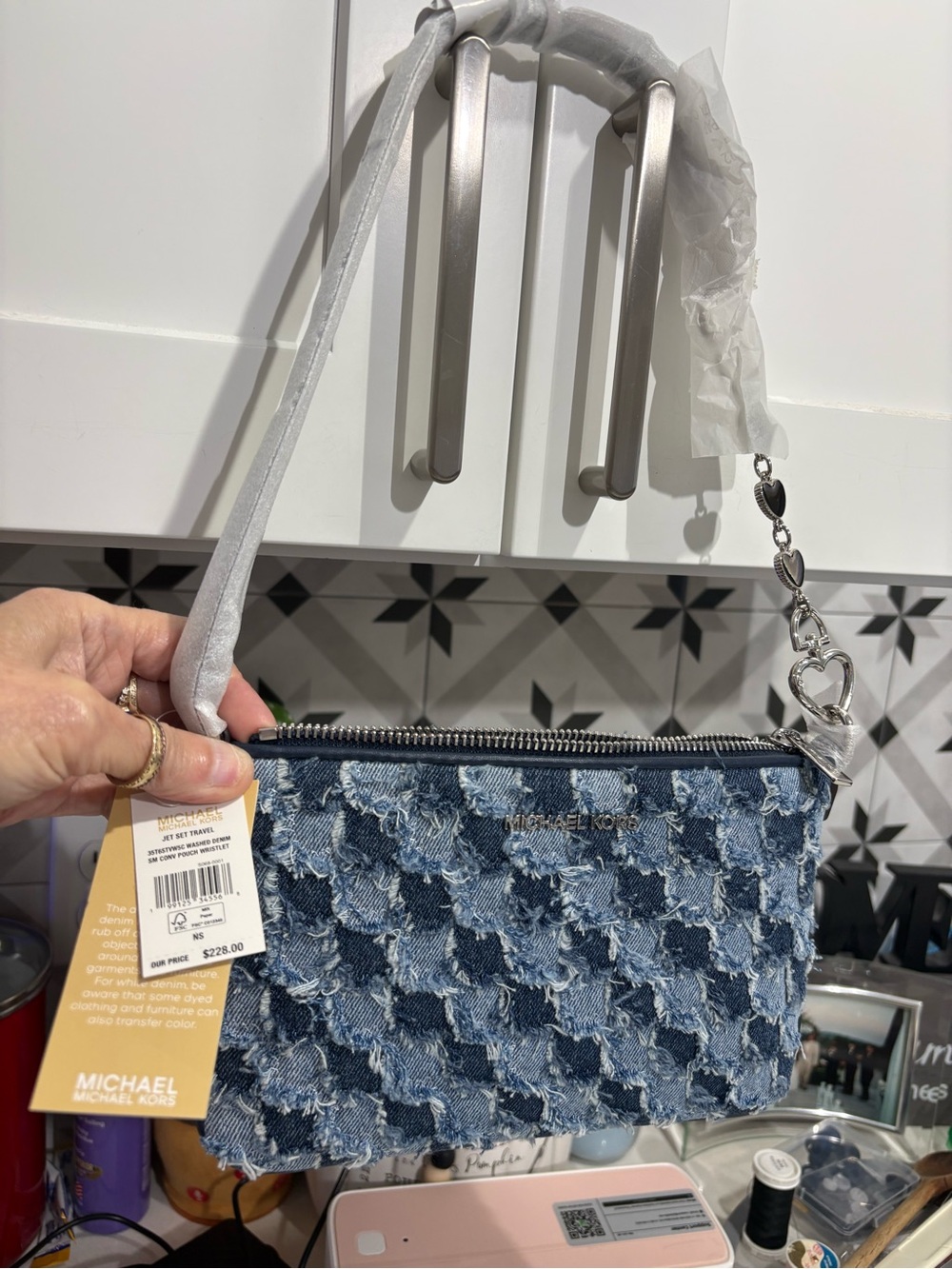 Michael Kors Distressed Denim Blue Crossbody with Heart Chain - Picture 2 of 2